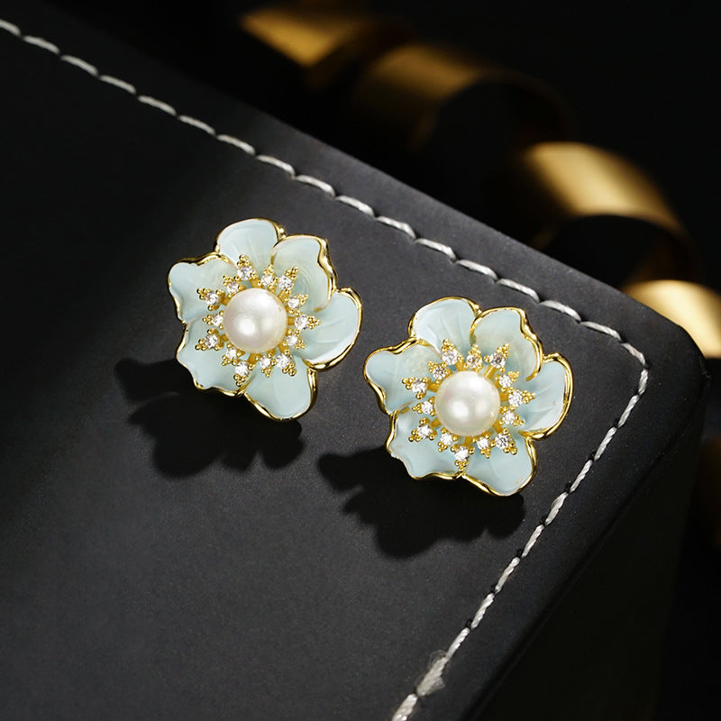 Wholesale Zirconium Pearl Flower Earrings