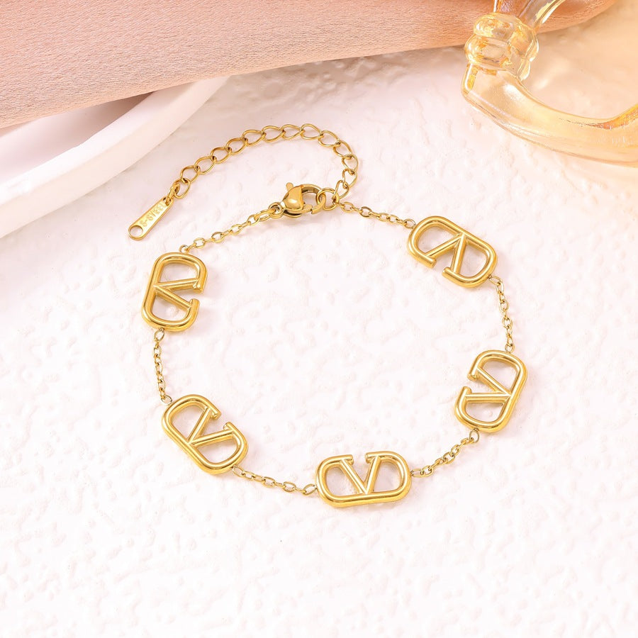 Wholesale Women' s 8K Gold-Plated Stainless Steel " V"  Letter Bracelet &  Necklace Set