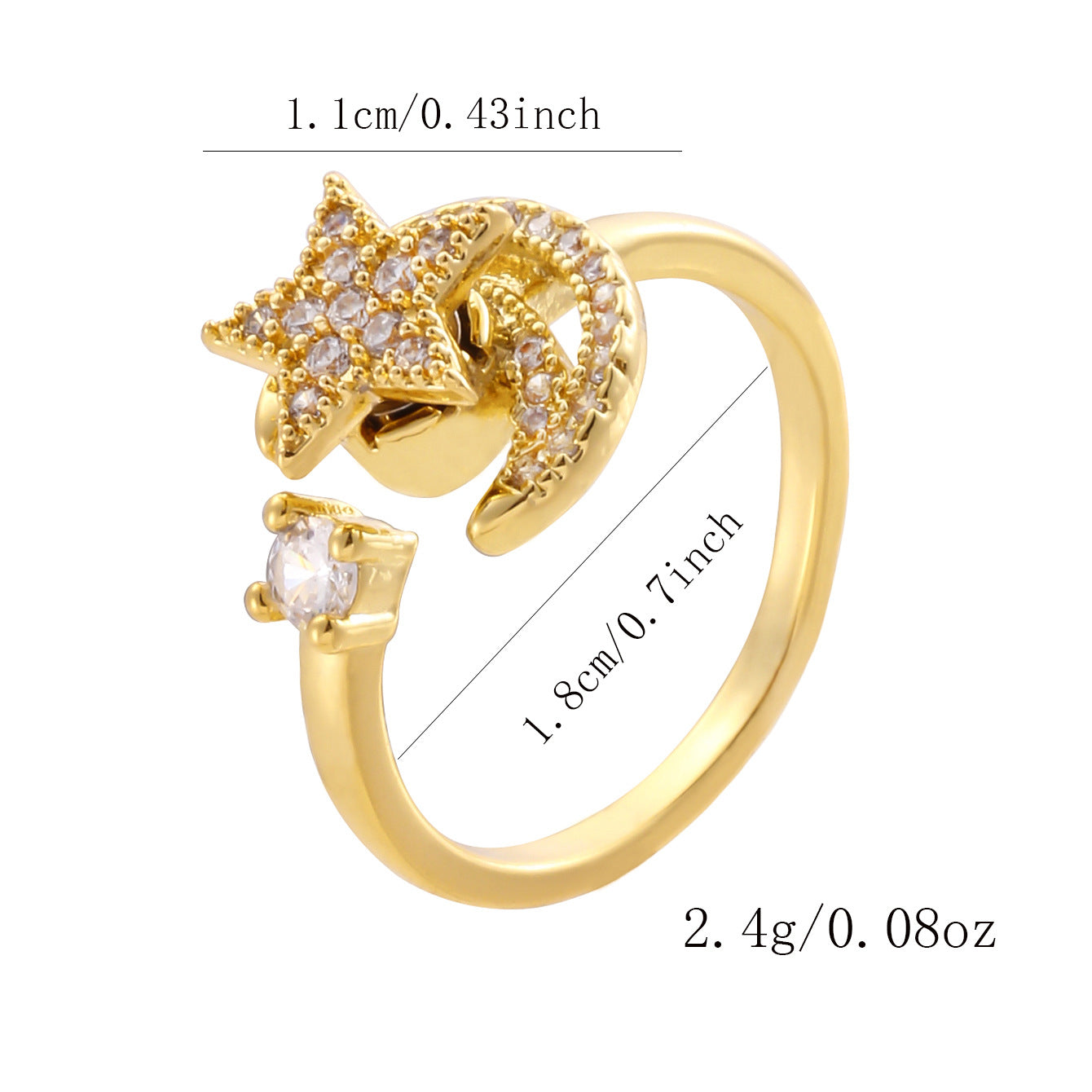 Wholesale Gold Plated Adjustable Rotating Ring Star Moon Zircon Women' s Fashion Jewelry Gift
