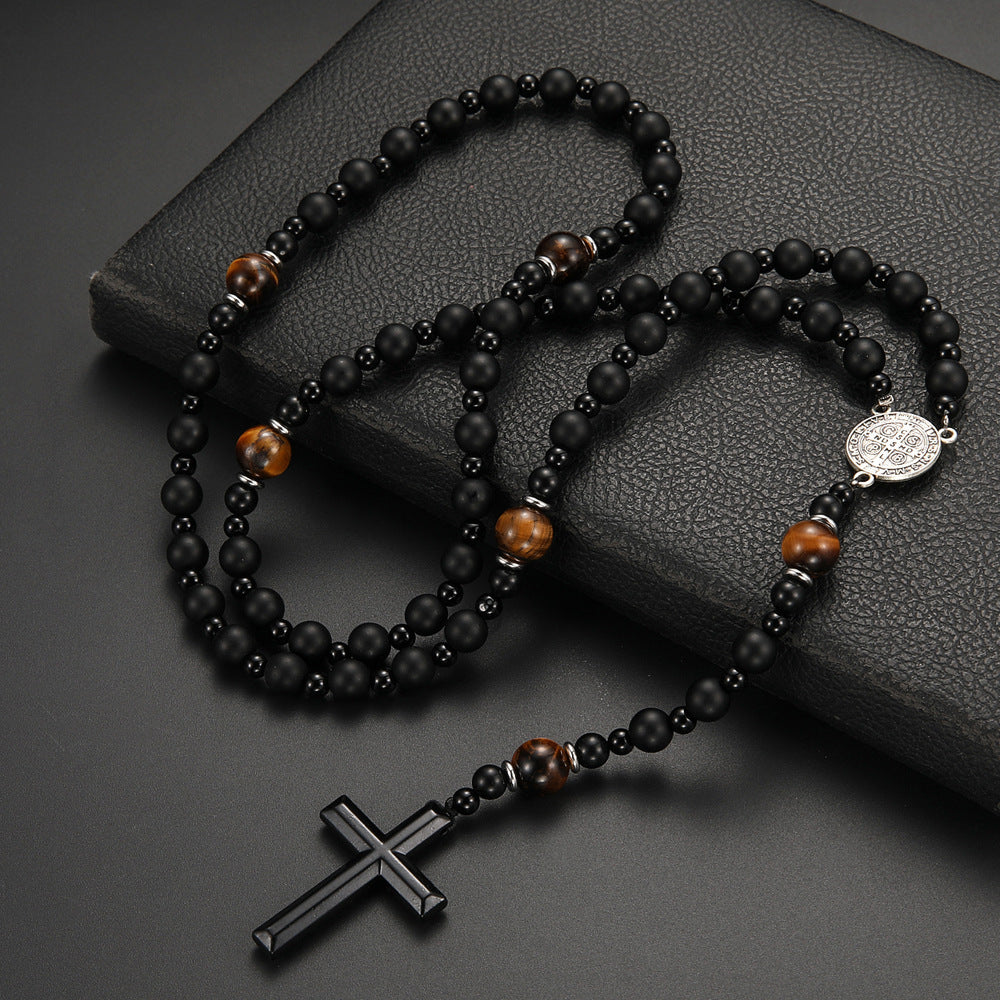 Wholesale Natural Stone Black Volcanic Rock Yellow Tiger Eye Iron Stone Cross Necklace