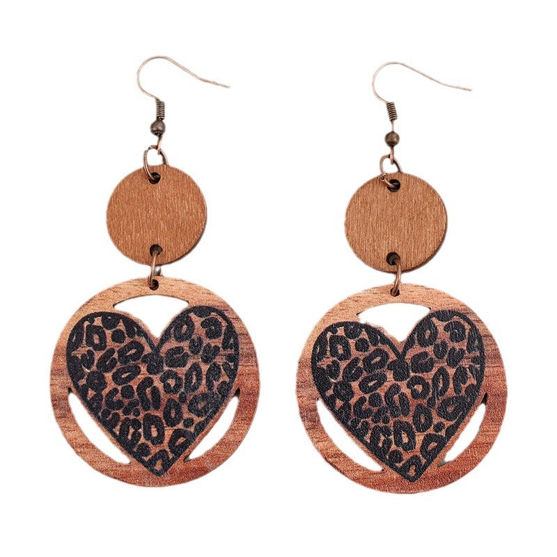 Wholesale Wood Women' s Earrings Leopard Print Hollow Love Design Boutique Resale