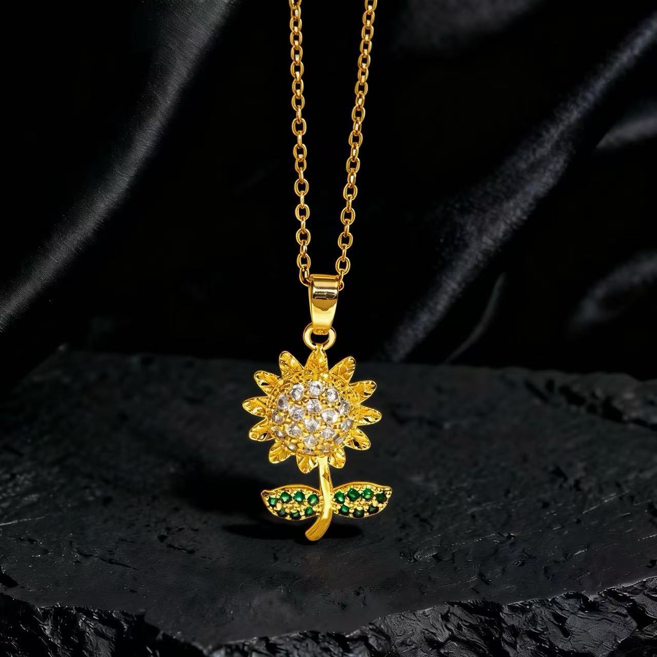 Wholesale Gold Plated Copper Zircon Sunflower Necklace Layering Jewelry For Women Trendy Party Fashion Accessory Everyday Wear Boutique Resale