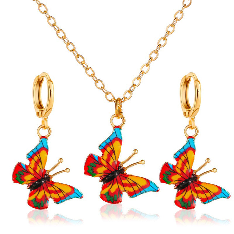 Wholesale Diamond Butterfly Water Drop Creative Necklace Earring Set ACC-NE-ChengJing001