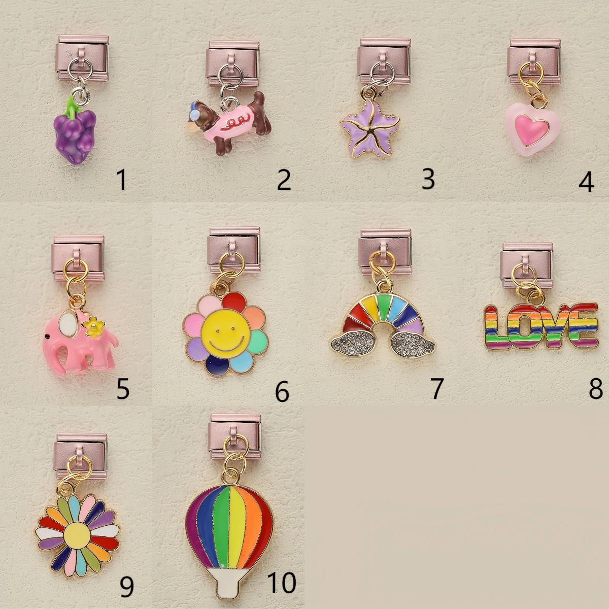 Wholesale 10pcs Italian Charm Bracelet 9mm DIY Splicing Rainbow Puppy Heart Element Pendant Stainless Steel Composable Bracelet