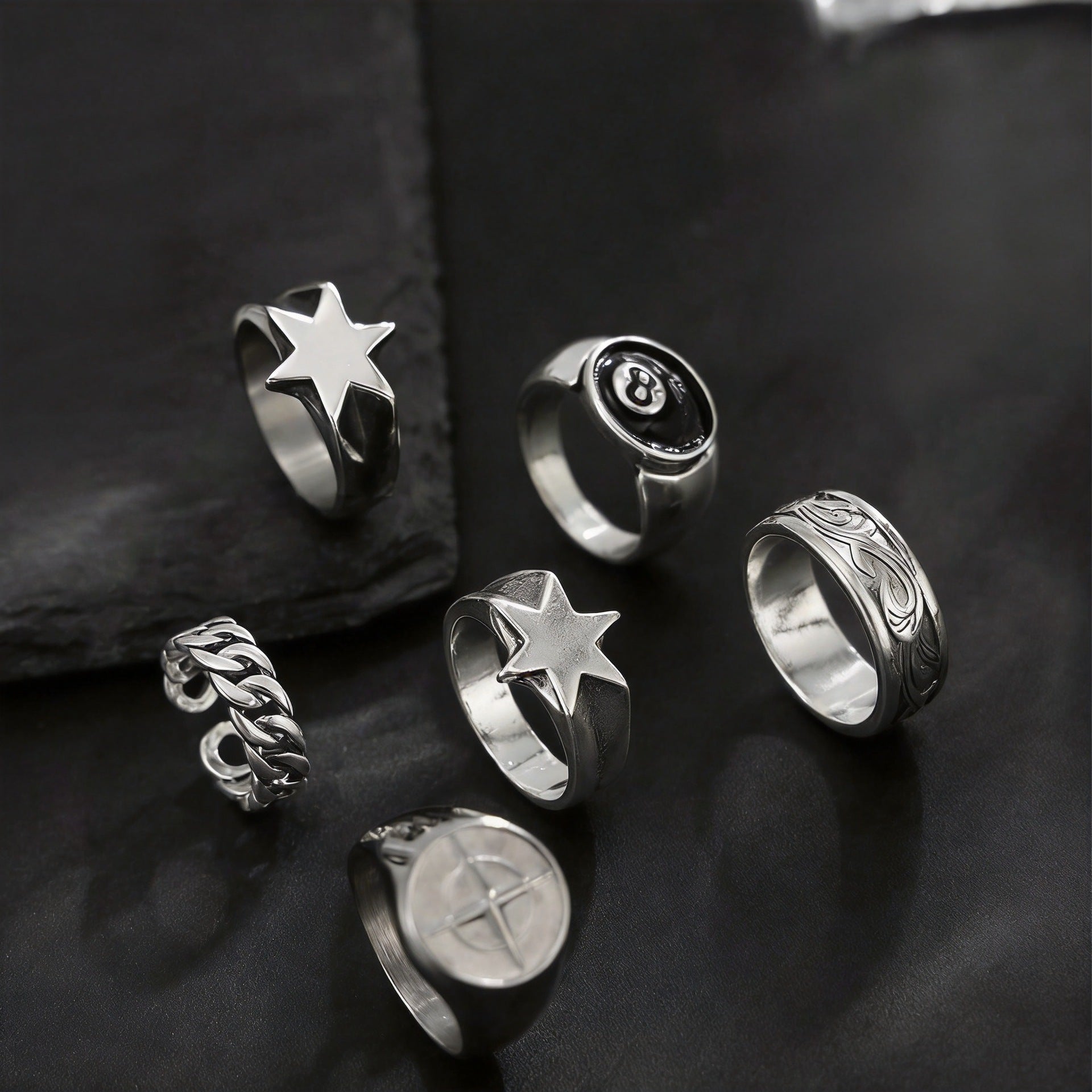 Wholesale Trendy Punk Style Cross and Hexagram Stackable Ring Set Alloy Jewelry Accessory
