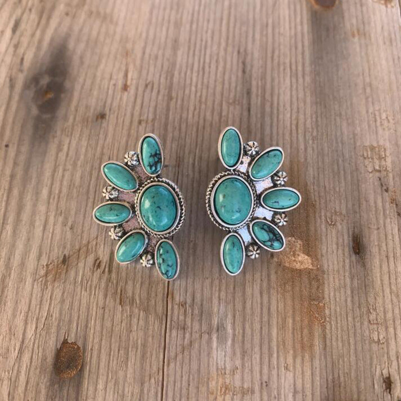Wholesale  Bohemian style retro geometric flowers inlaid turquoise exaggerated earrings earrings