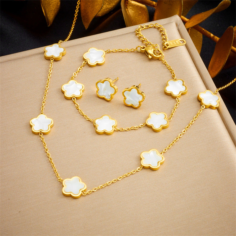 Wholesale Five Petal Flower Stainless Steel Gold Plated Earrings Bracelet Necklace Set ACCVIP-NE-QianYue001