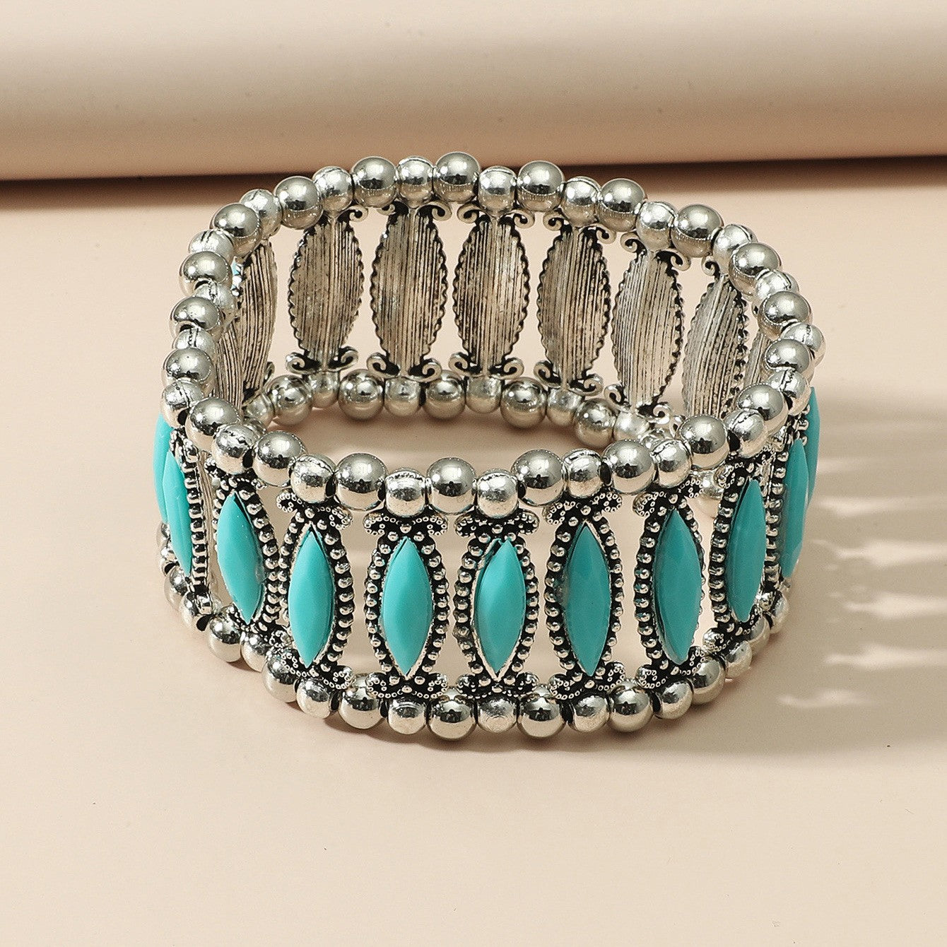 Wholesale Ethnic Style Retro Alloy Turquoise Elastic Bracelet Bohemian Bracelet ACC-BT-JunJie004