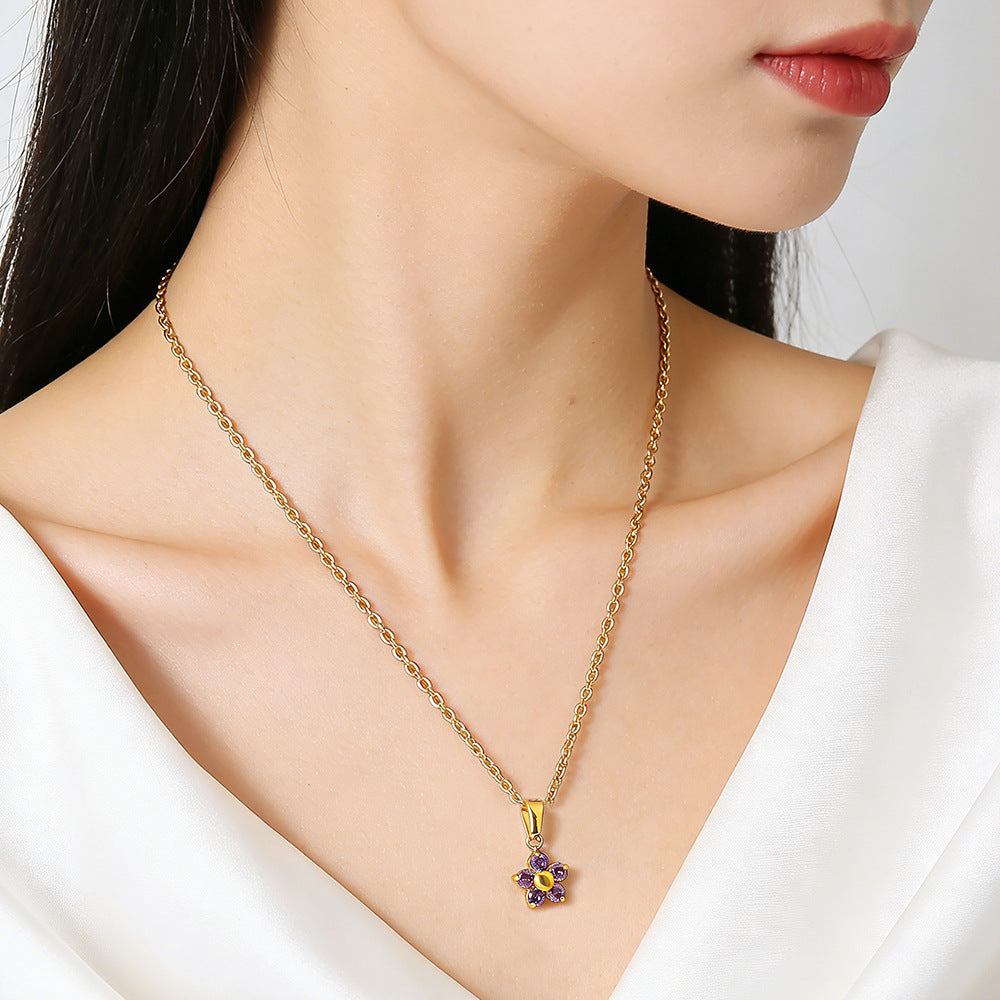 Wholesale Stainless steel gold-plated flower rhinestone necklace