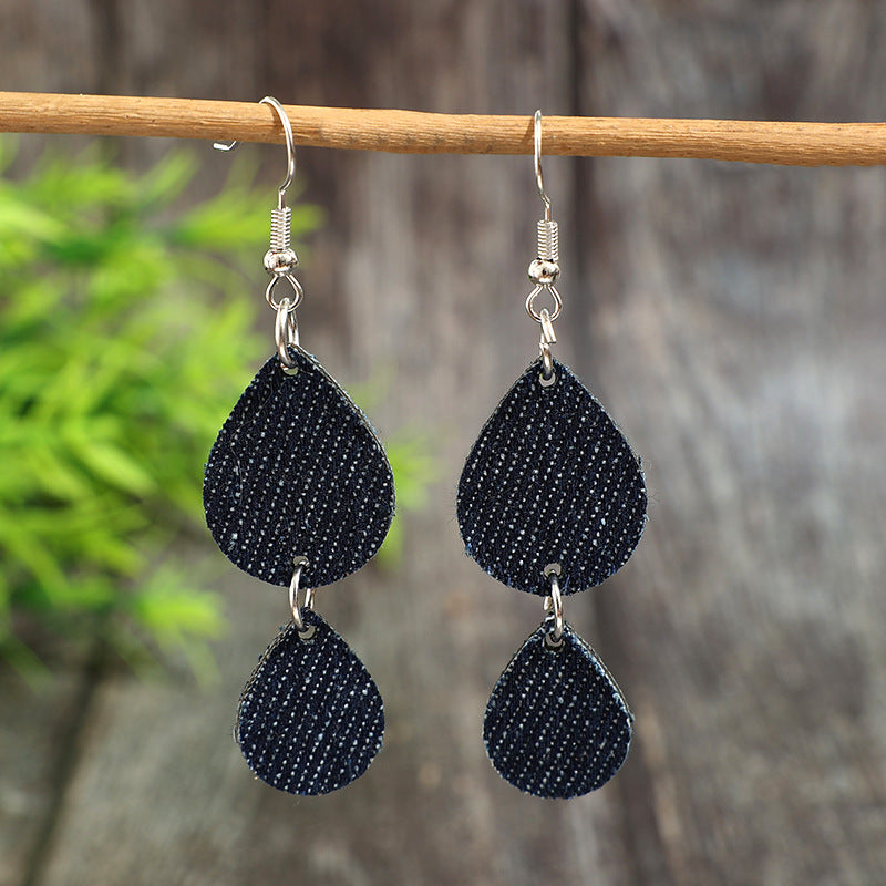 Wholesale Retro Teardrop Double-Layer Denim Print Leather Earrings Fashion Accessory Gift for Women