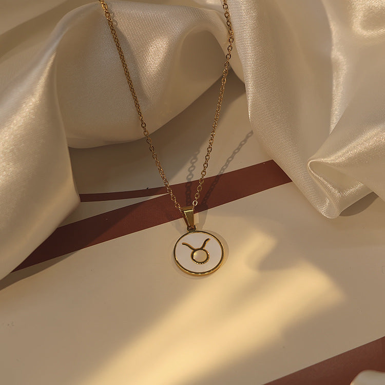 Wholesale Twelve Constellations White Seashell Stainless Steel 18K Gold Plated Clavicle Chain Choker Necklace ACC-NE-Xiny003