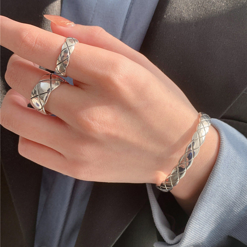Wholesale S925 sterling silver thick and thin diamond Plaid open ring