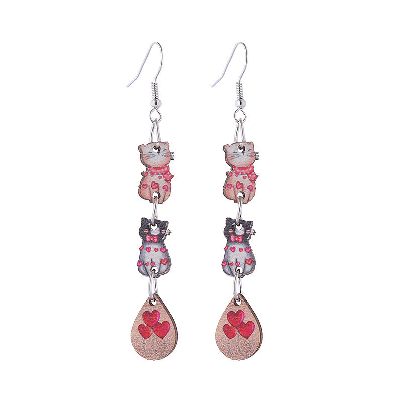Wholesale Pink Valentine' s Day Three Heart-Shaped Cute Cat Earrings