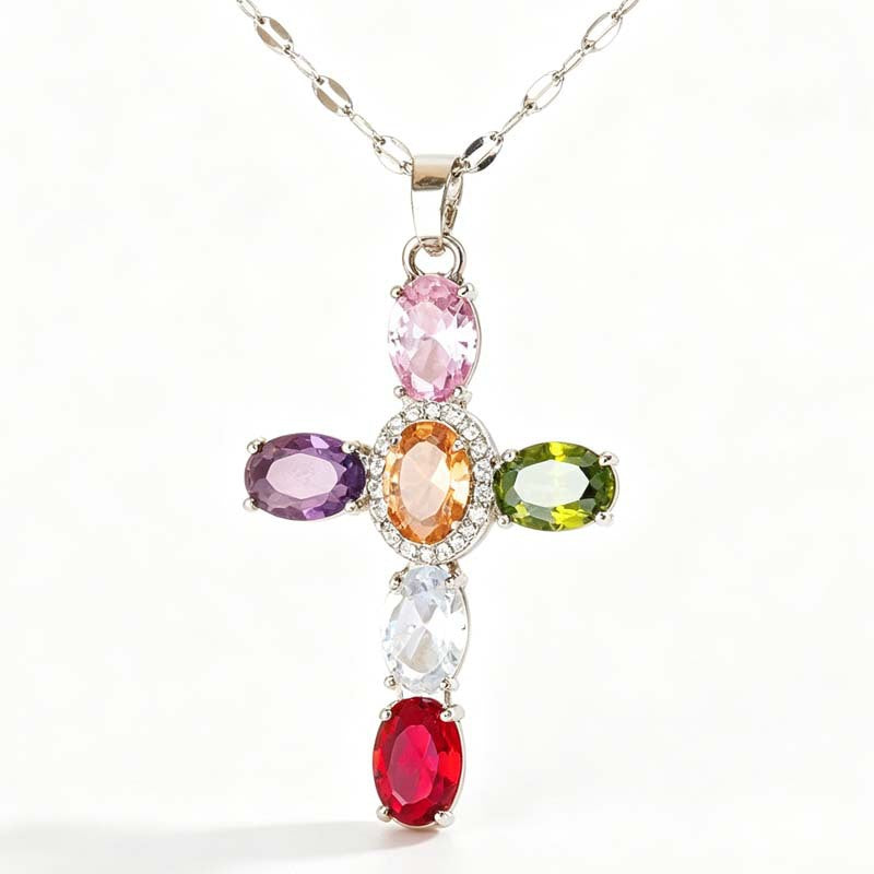 Wholesale Layering Colorful Cross Pendant Necklace Zinc Alloy Crystal Chain Fashion Accessory