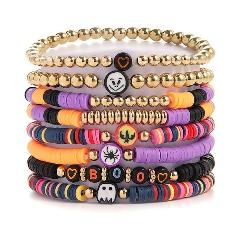 Wholesale Stylish Polymer Clay Beaded Bracelet Set,   White Ghost Theme,  7-Piece Jewelry Accessory for Boutique Resale