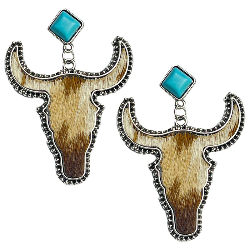 Wholesale 2PCS/ Pack Leather Western Style Horse Hair Turquoise Bull Head Earrings