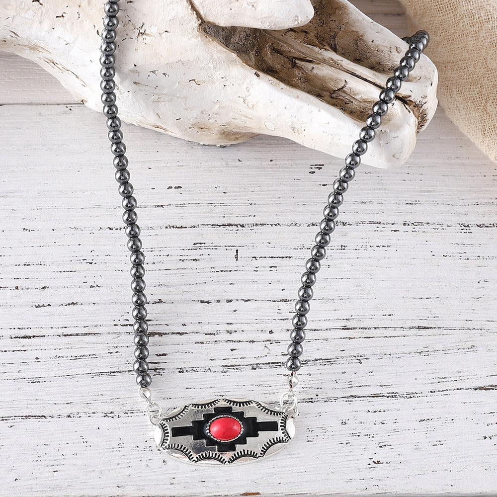 Wholesale  Retro Inlaid Color Turquoise Alloy Necklace