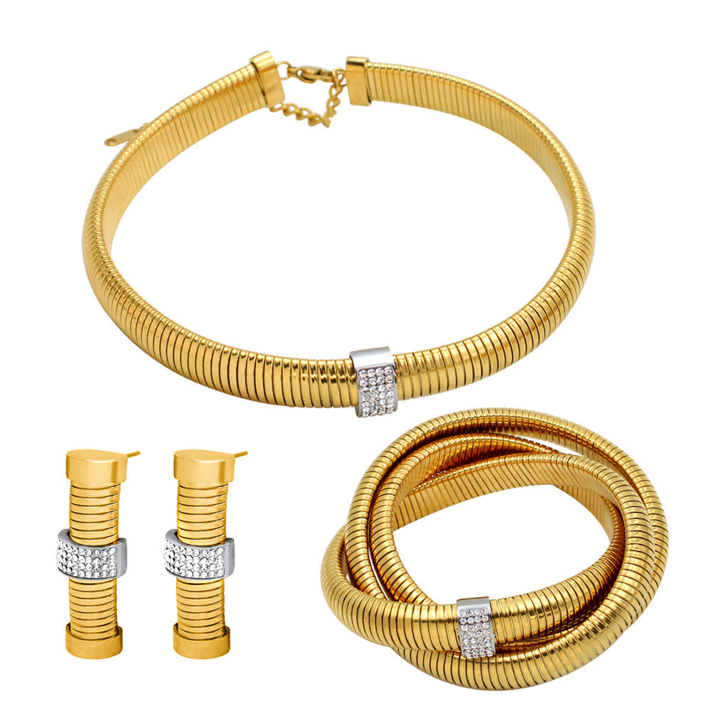 Wholesale Stainless Steel Bracelets Threaded Snake Chain Zirconia Jewelry Set Necklace Bracelet Earrings ACC-BT-Yueshi005