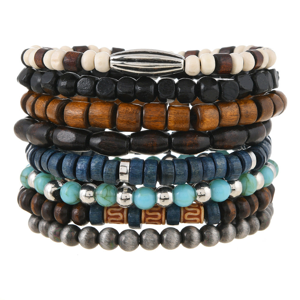 Wholesale Wooden 8-piece set turquoise beaded bracelet