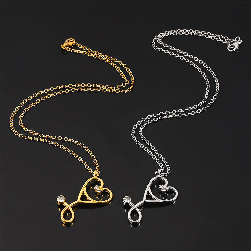 Wholesale Creative Stethoscope Pendant  Hollow Rhinestone Necklace