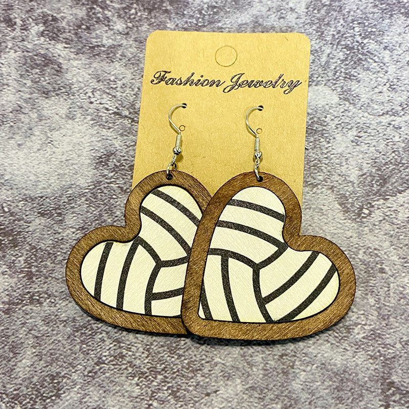 Wholesale Wooden Heart Shaped Sports Ball Earrings Fashion Jewelry Accessory For Casual Wear