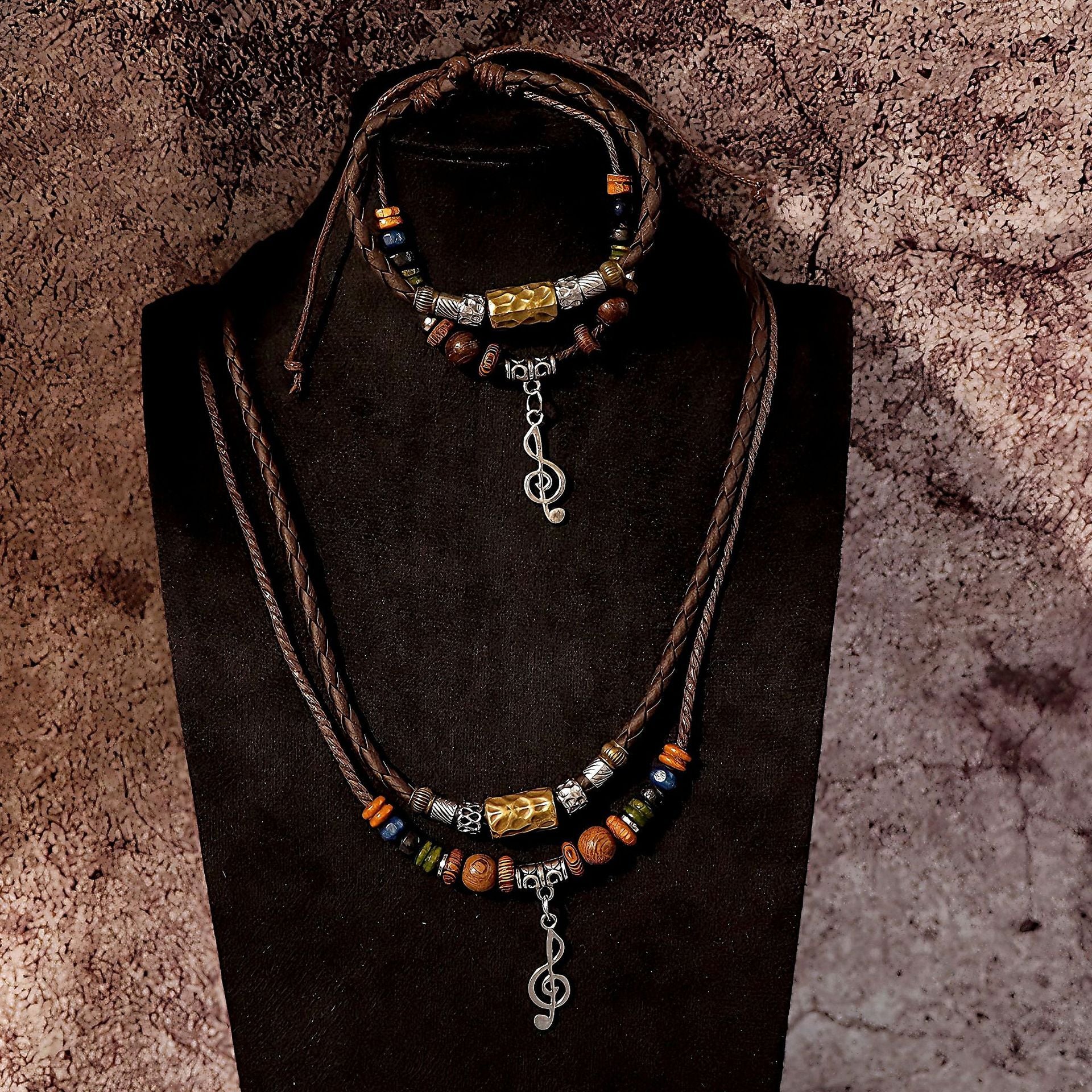 Wholesale Handmade Leather Layered Wood Bead Necklace With Turquoise Pendant Vintage Retro Unisex Fashion Jewelry Gift