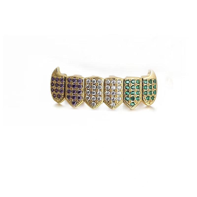 Wholesale Modern Hip-Hop Tooth Grills Gold Plated Alloy Colorful Zirconia Fashion Accessory for Resale