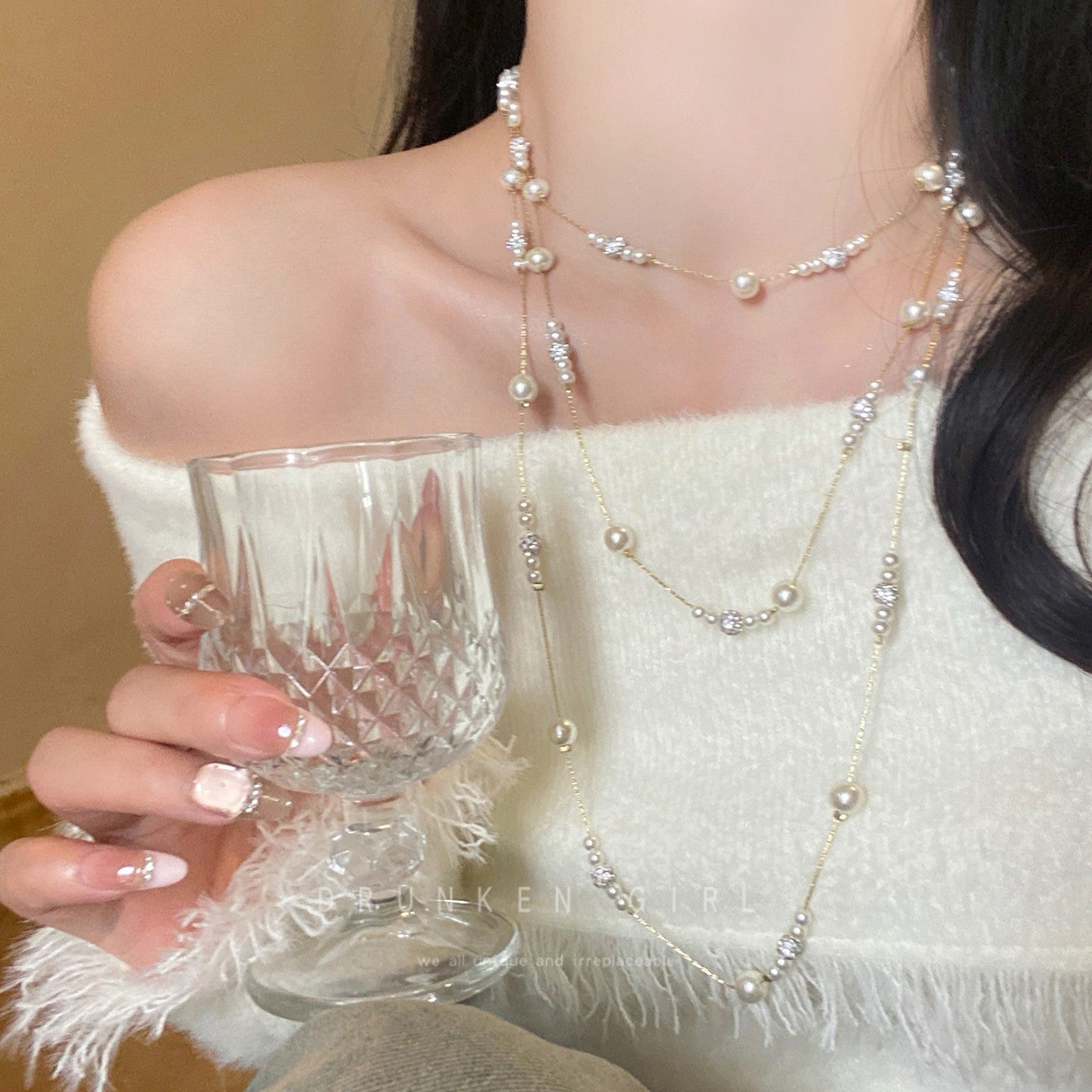 Wholesale Alloy Gypsophila Pearl Layered Long Necklace Trendy Sweater Chain For Women Everyday Party Jewelry Accessory