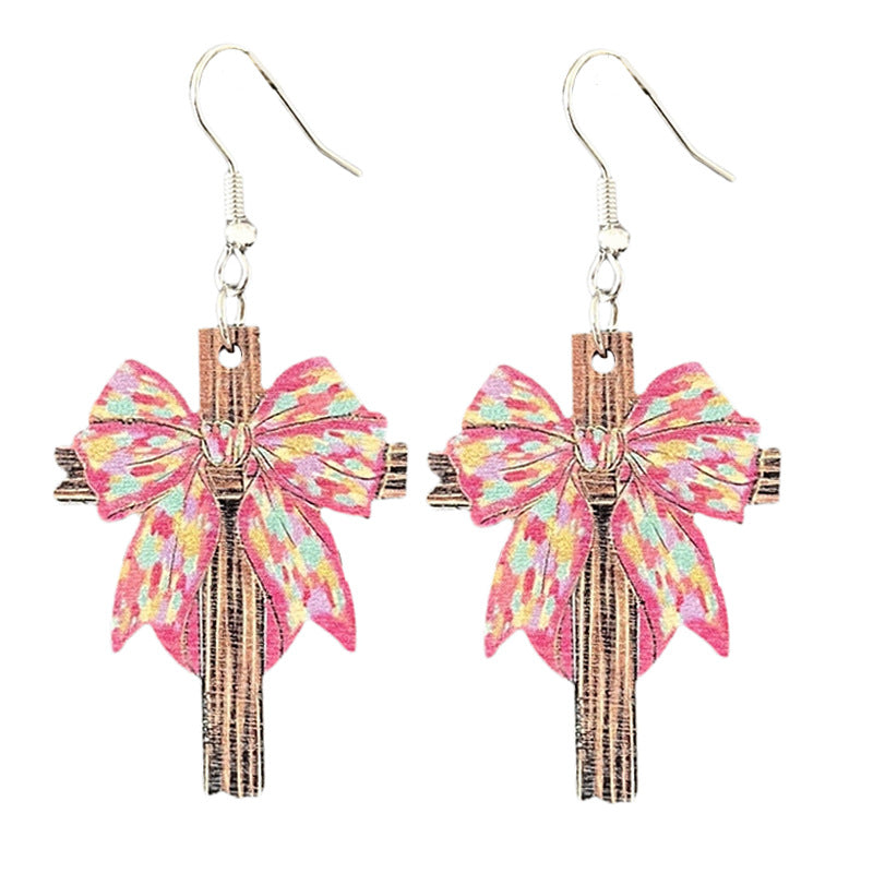 Wholesale 2pcs/ pack Wooden Easter Bow Bunny Cross Earrings