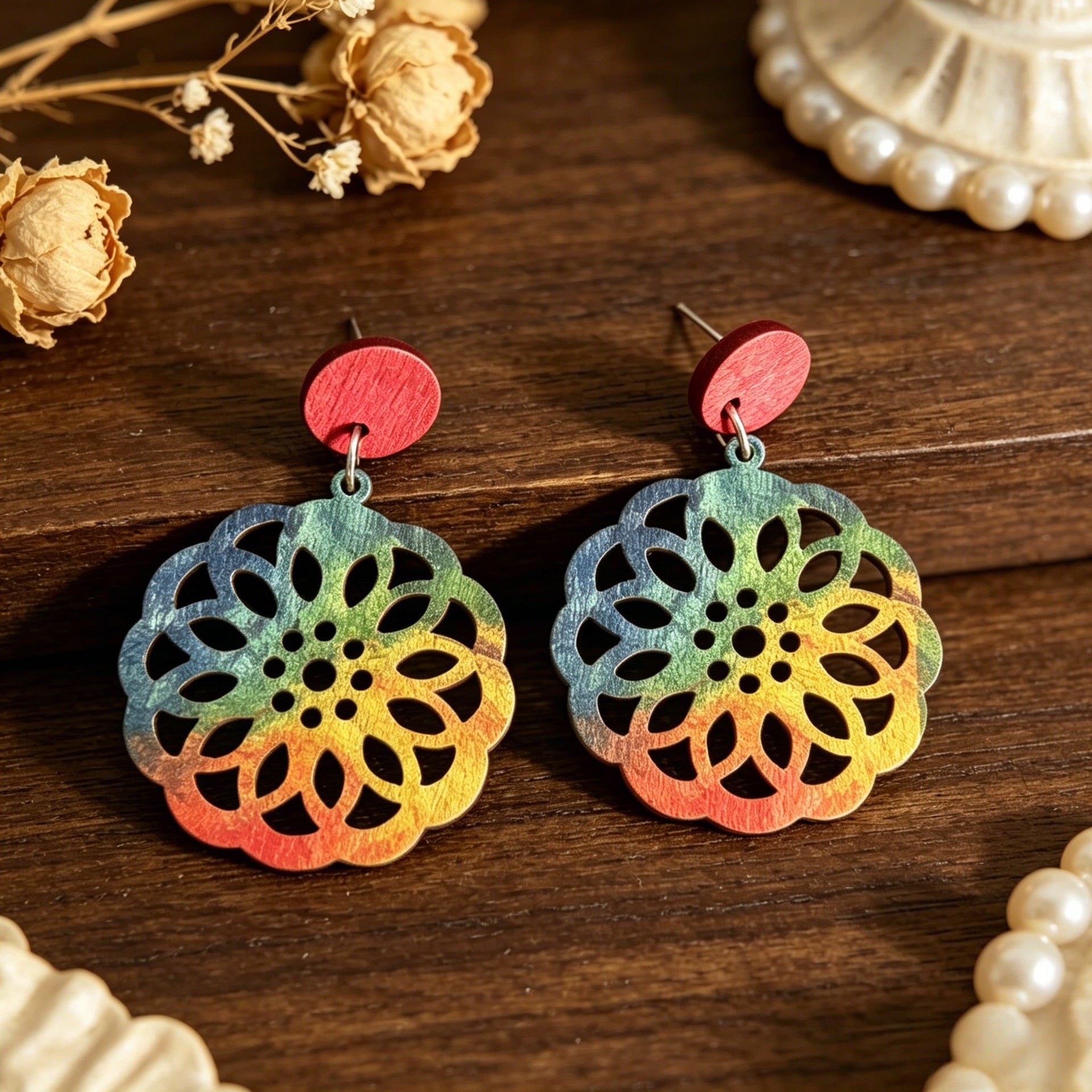 Wholesale Bohemian Rainbow Wood Earrings,  Retro Style Hollow Flower Dangles for Party Wear
