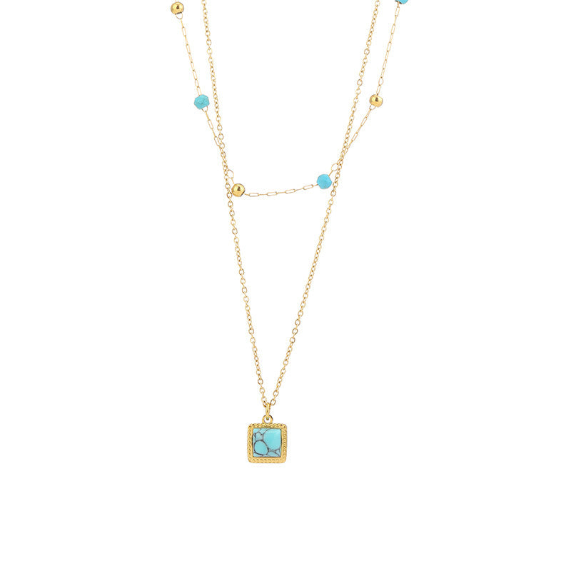 Wholesale Stainless Steel  Double-layer Turquoise Pendant Necklace
