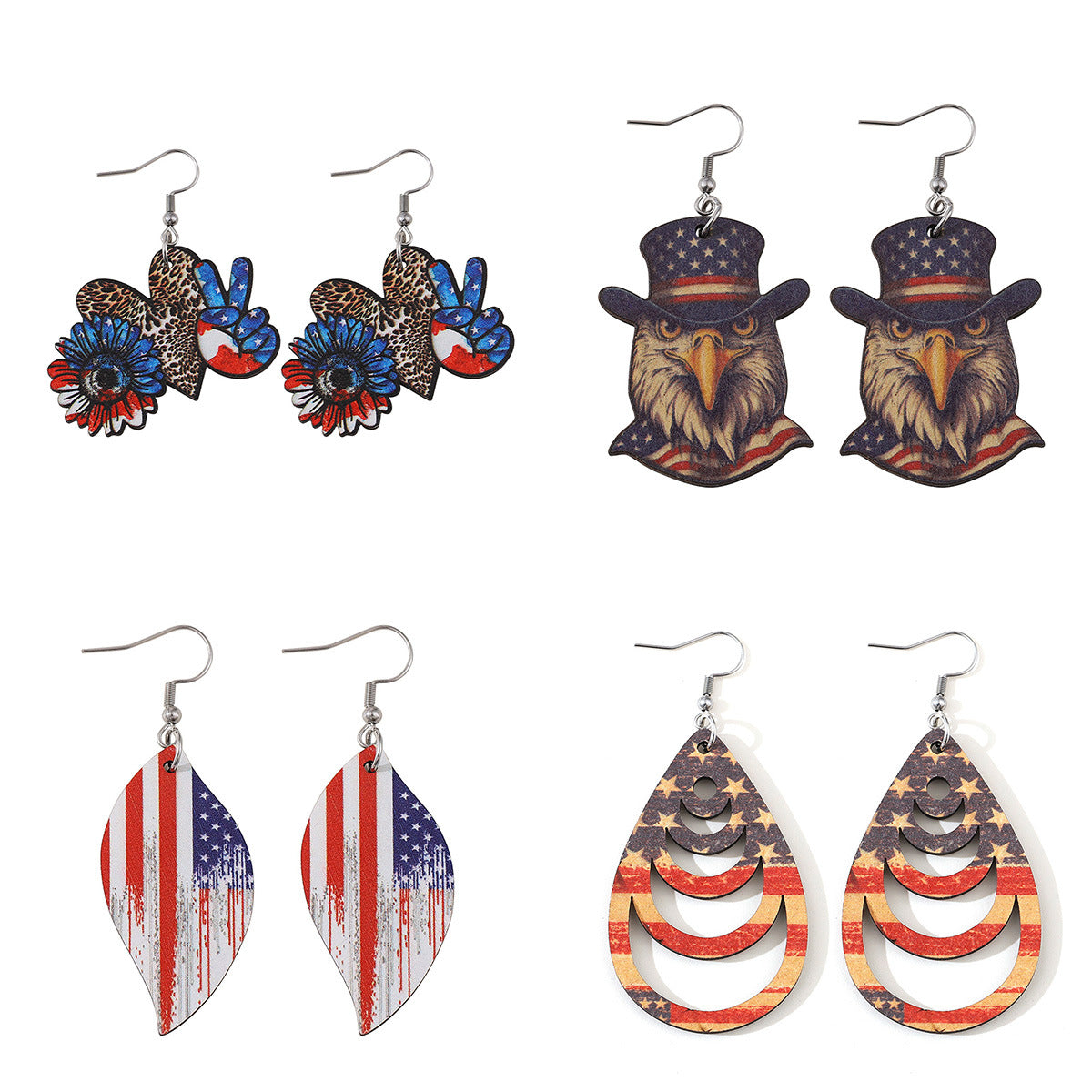 Wholesale American Independence Day Eagle Sunflower Love Leaf Wooden Double Sided Earrings ACC-ES-ChuLian011