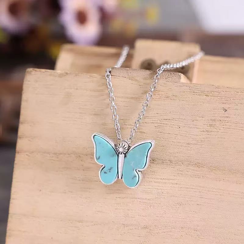 Wholesale Butterfly Inlaid Turquoise Pendant Necklace