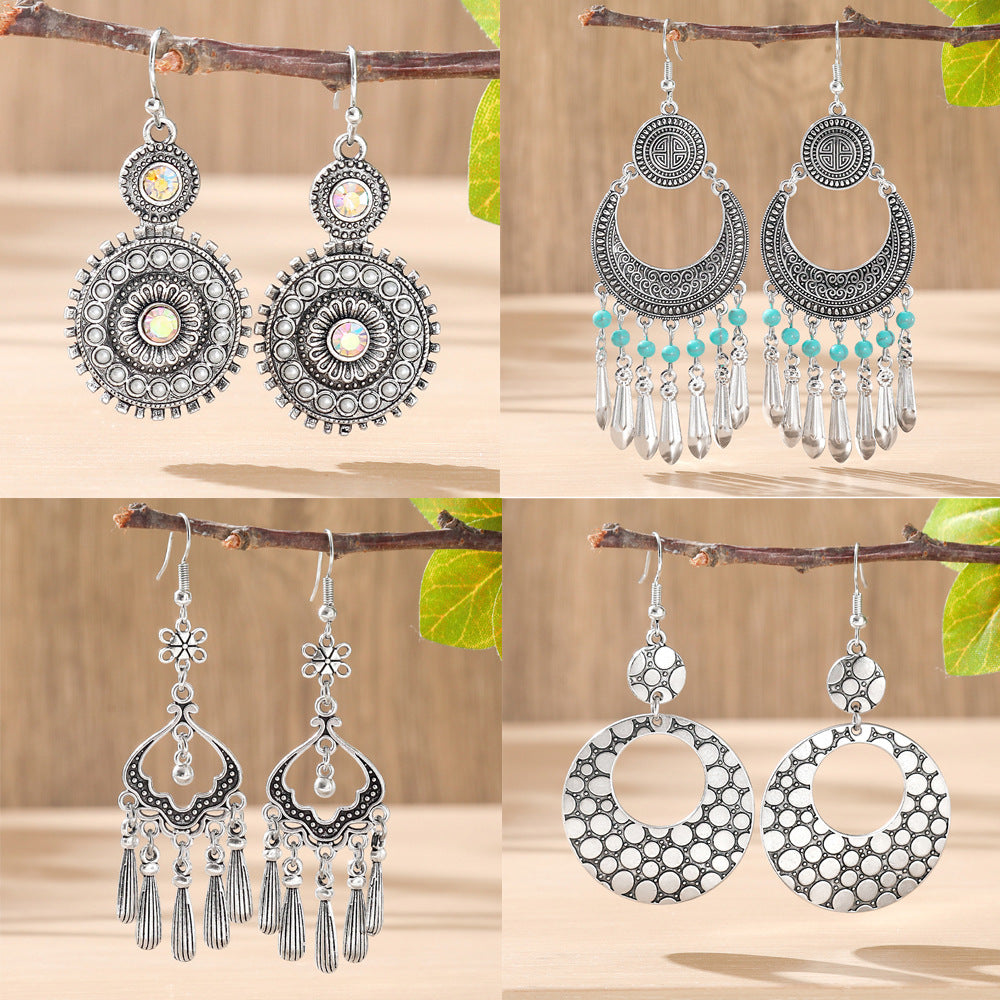 Wholesale Bohemian Retro Circular Antique Silver Tassel Earrings Tibetan Style Ethnic Zinc Alloy Jewelry Accessory Gift