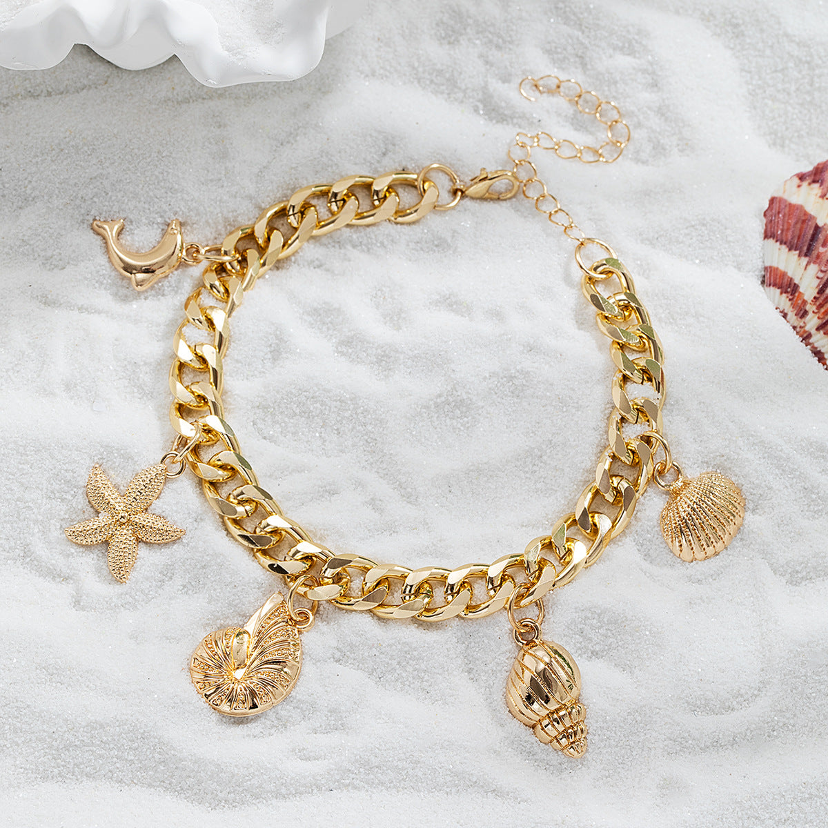 Wholesale Alloy starfish dolphin conch scallop thick chain alloy anklet