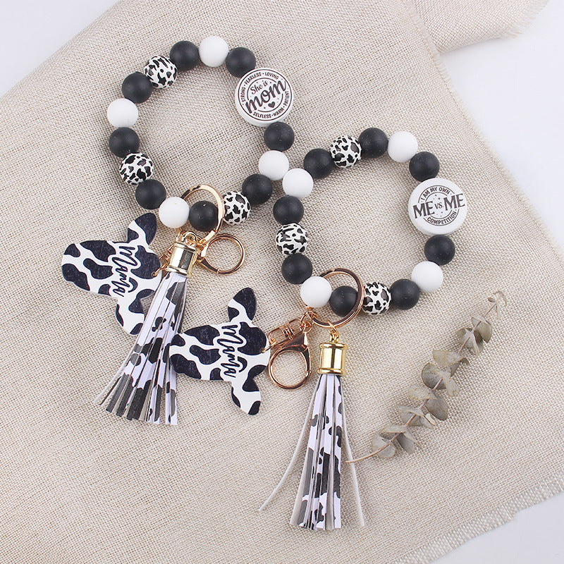 Wholesale Western Style Cow Pattern MOM Tassel Wrist Keychain Mother's Day ACC-KC-GuangTian054