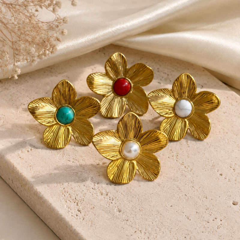 Wholesale 18K Gold Plated Stainless Steel Flower Open Ring Vintage Turquoise Style Women S Jewelry Trendy Fashion Accessory Gift For Boutique Resale