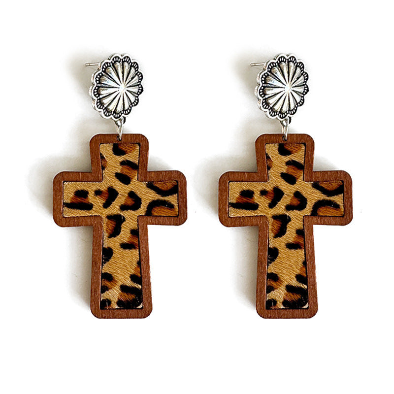Wholesale Wooden and leather cross leopard print earrings