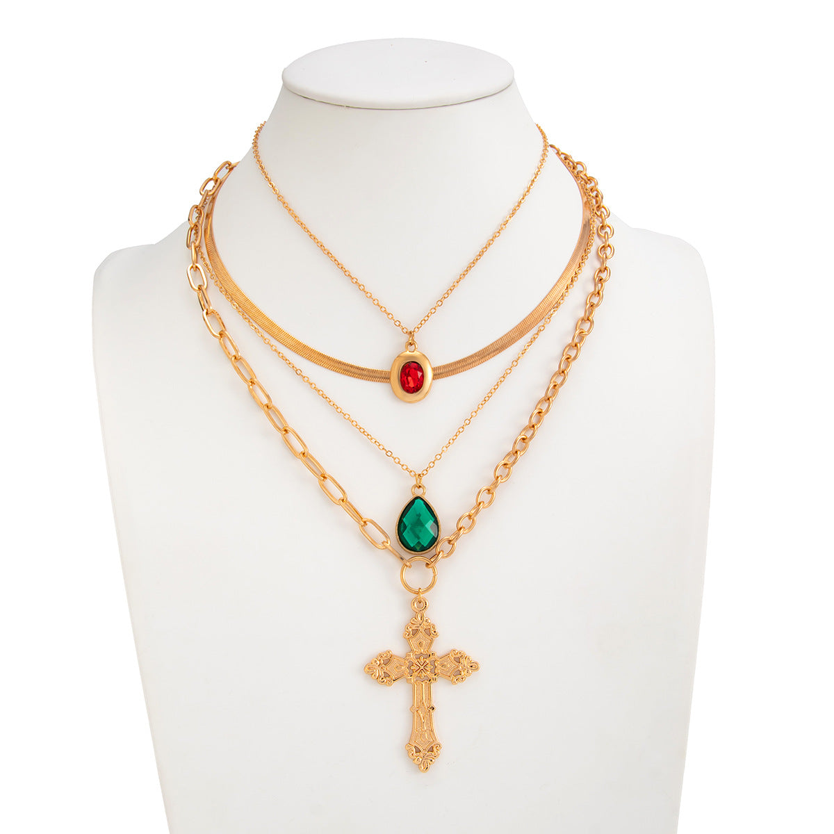Wholesale hip-hop rhinestone and gemstone cross pendant necklace