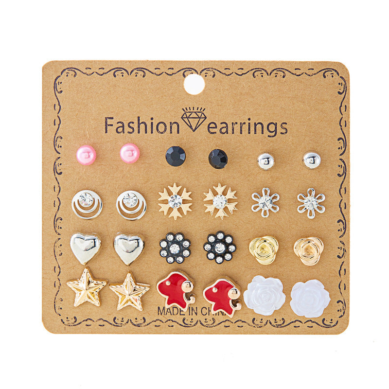Wholesale month combination earrings 12 pairs of flowers love stars and moon diamond  earrings suit