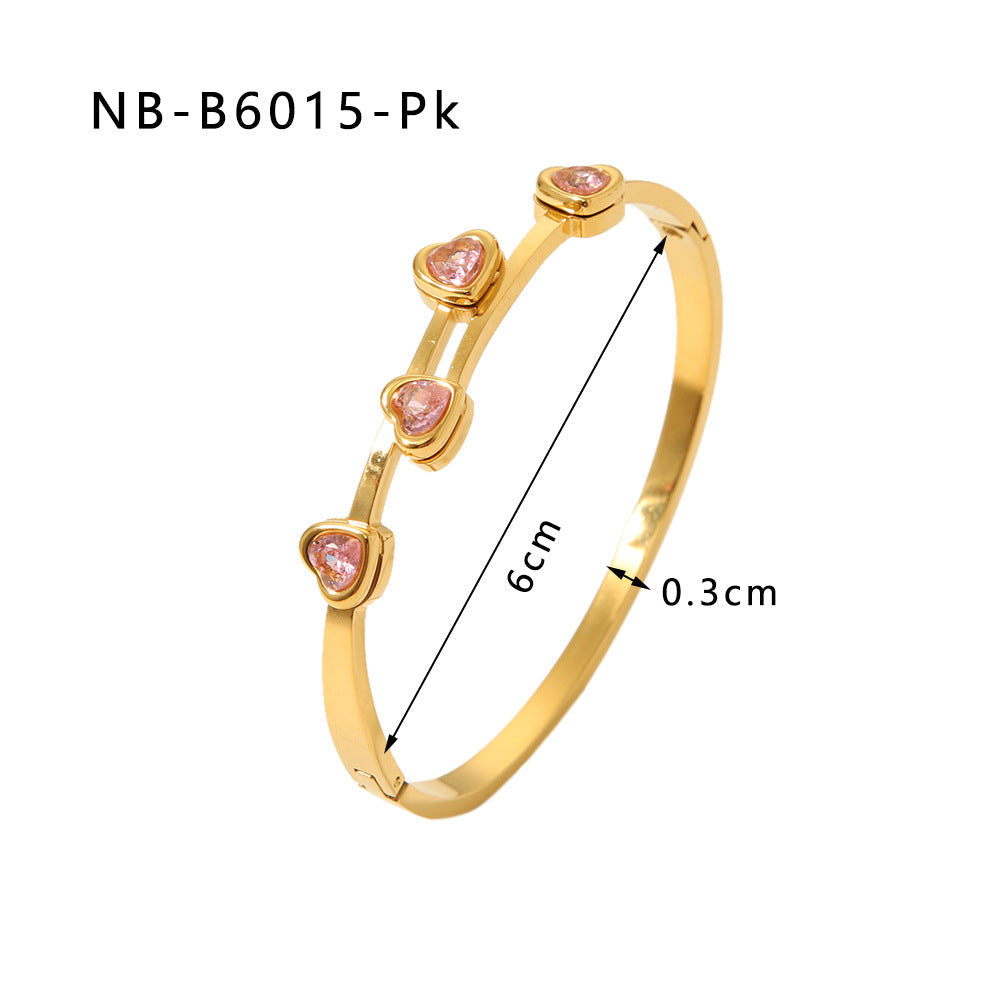 Wholesale stainless steel heart-shaped colorful zircon inlaid white sea shell 18K gold bracelet