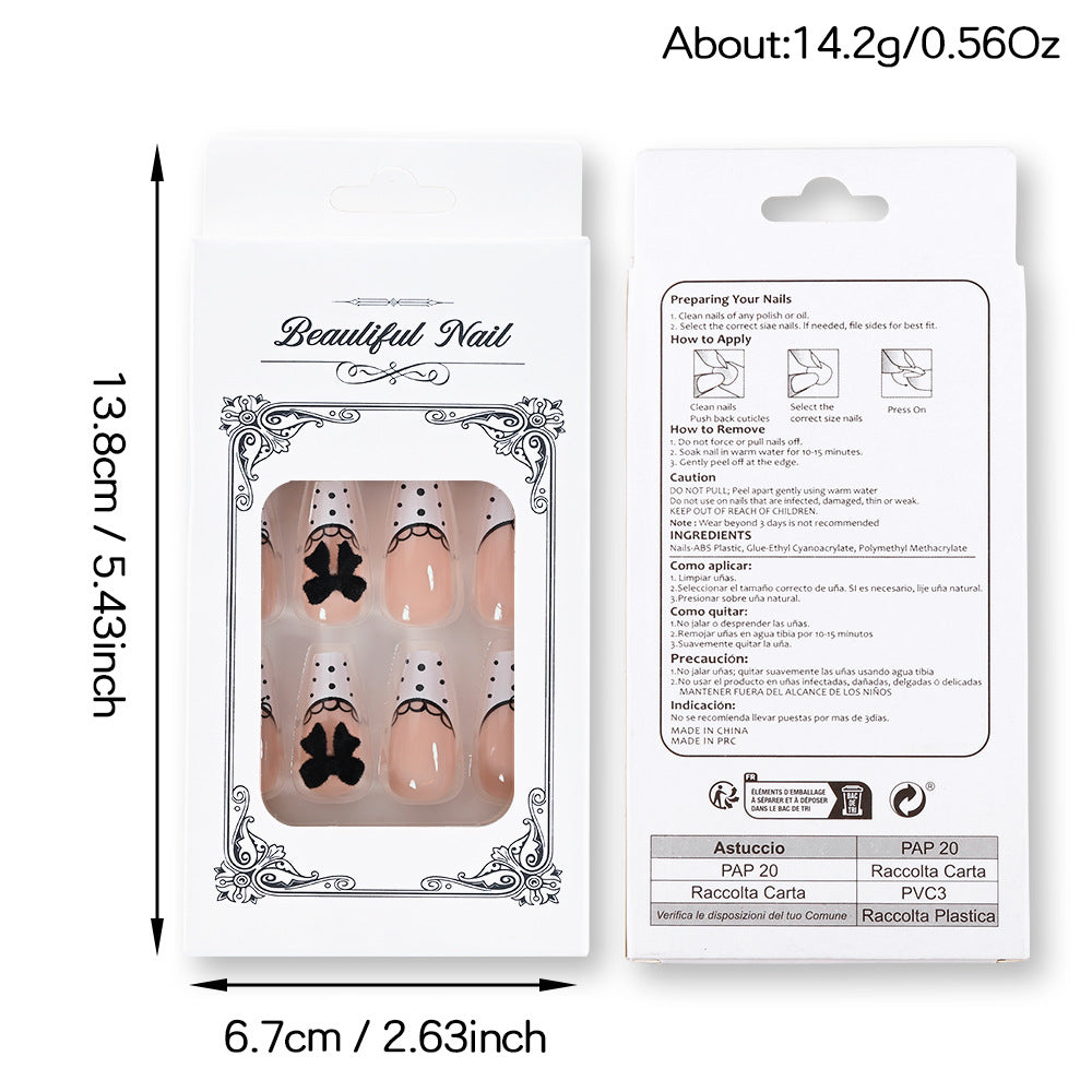 Wholesale 24Pcs Sweet 3D Bow Press On Nails Black White Spotted Nails Fashion Accessory