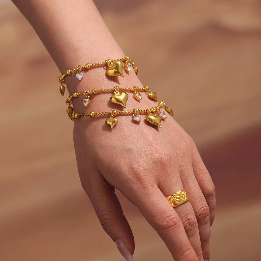 Wholesale Stainless Steel Round Bead Heart Zircon Pendant Bracelet