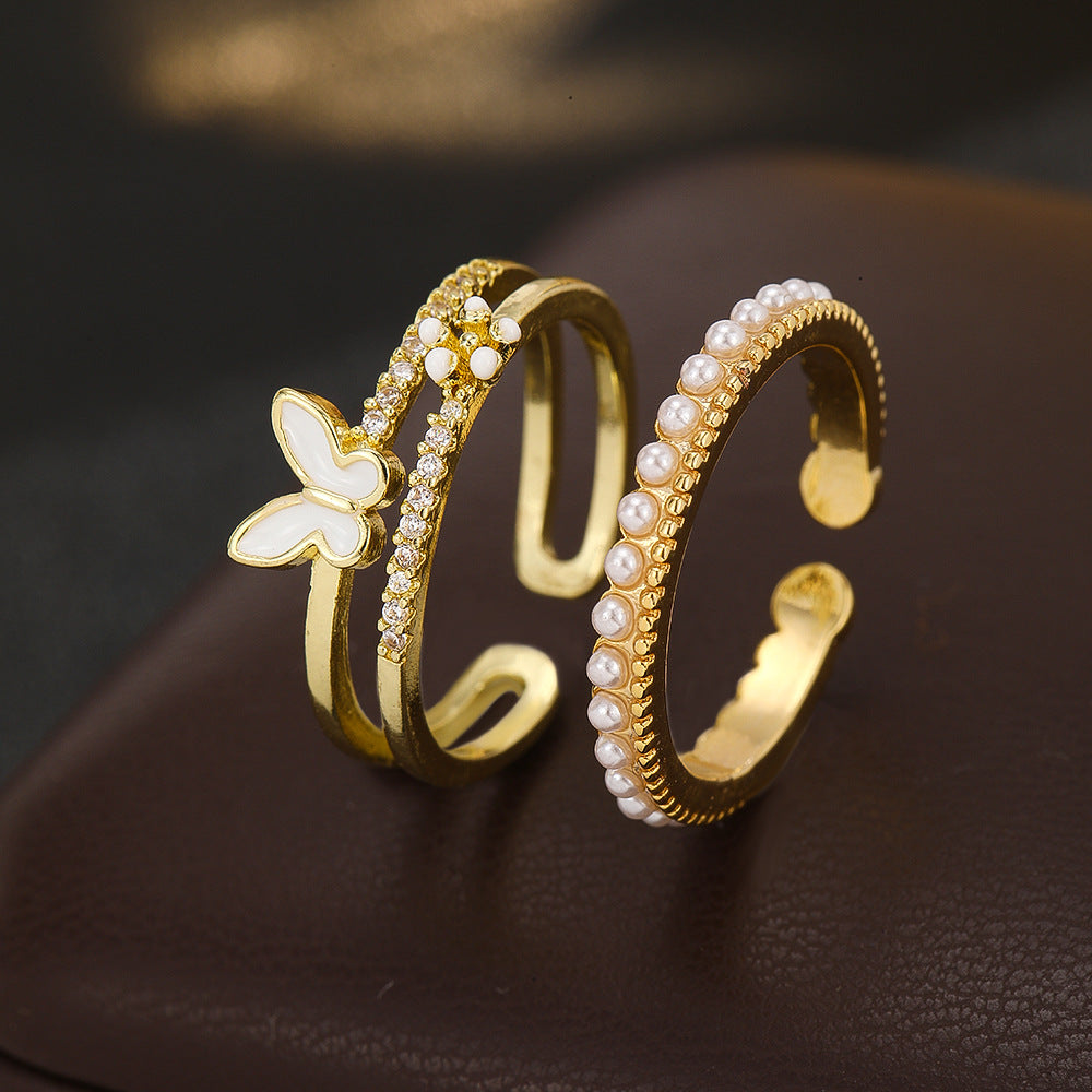 Wholesale Trendy Pearl Design Open Stacking Ring Copper Zircon Electroplated Jewelry For Women Everyday Chic Accessory