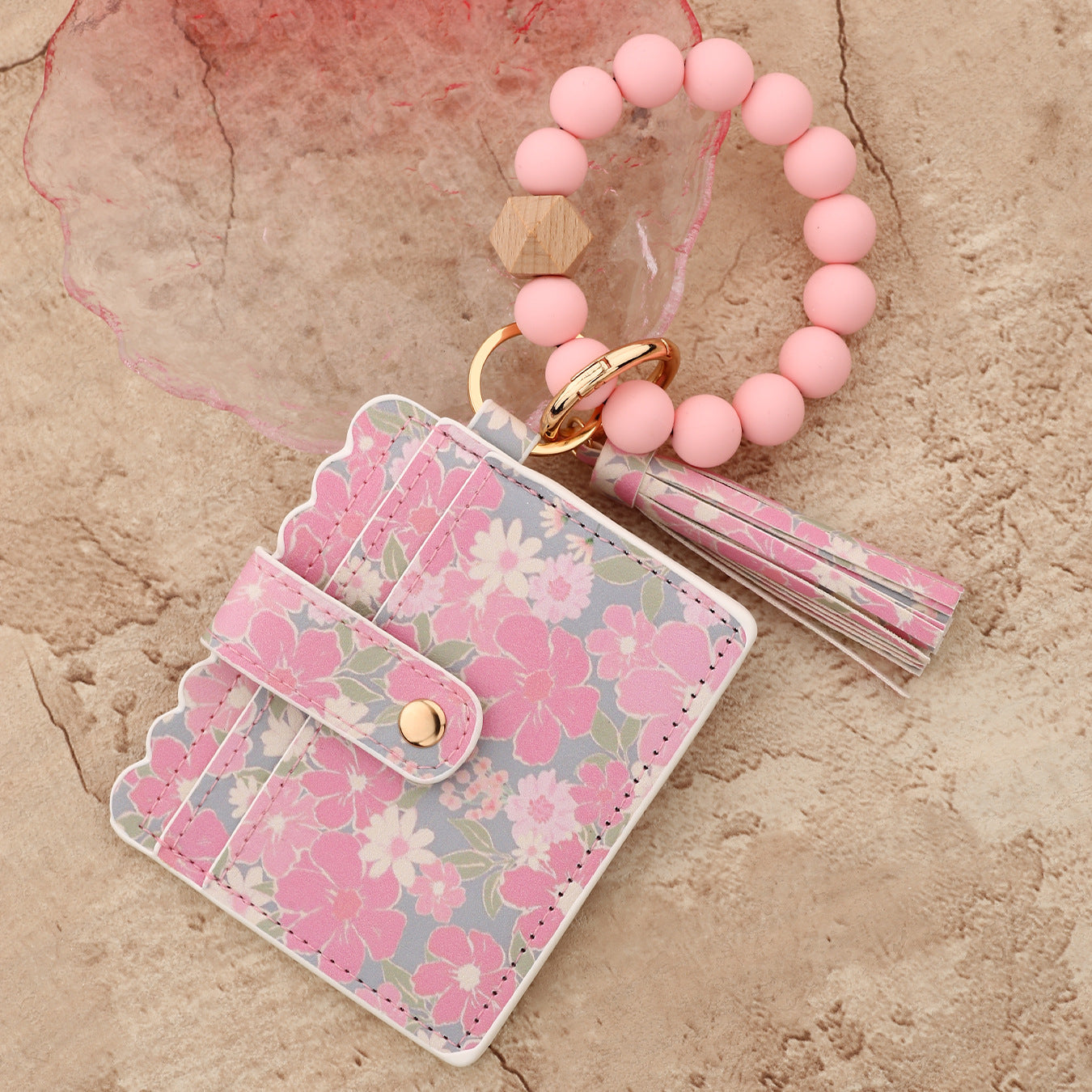 Wholesale silicone bead bracelet pink card holder Wristlet Keychain