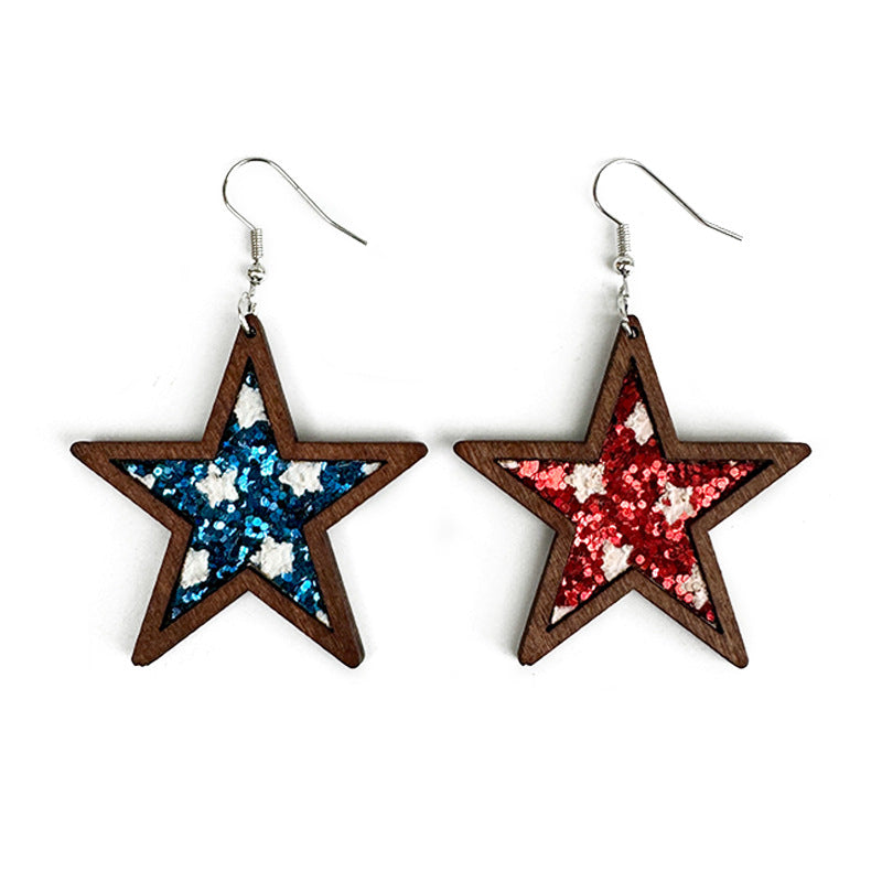 Wholesale American Independence Day Western Style Pentagram Wooden Earrings ACC-ES-XinChuan015