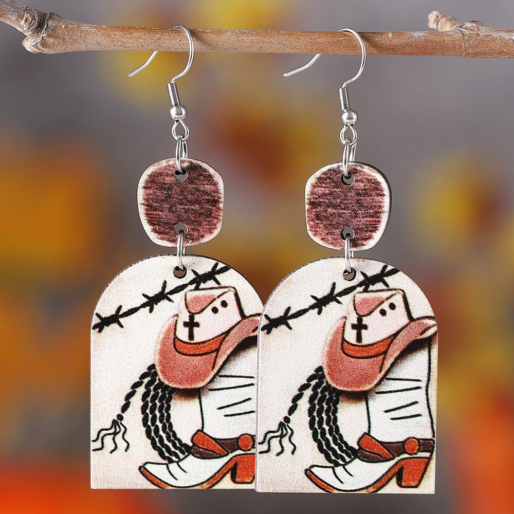 Wholesale Western cowboy hat cowboy boots cartoon girl distressed stitching pendant earrings