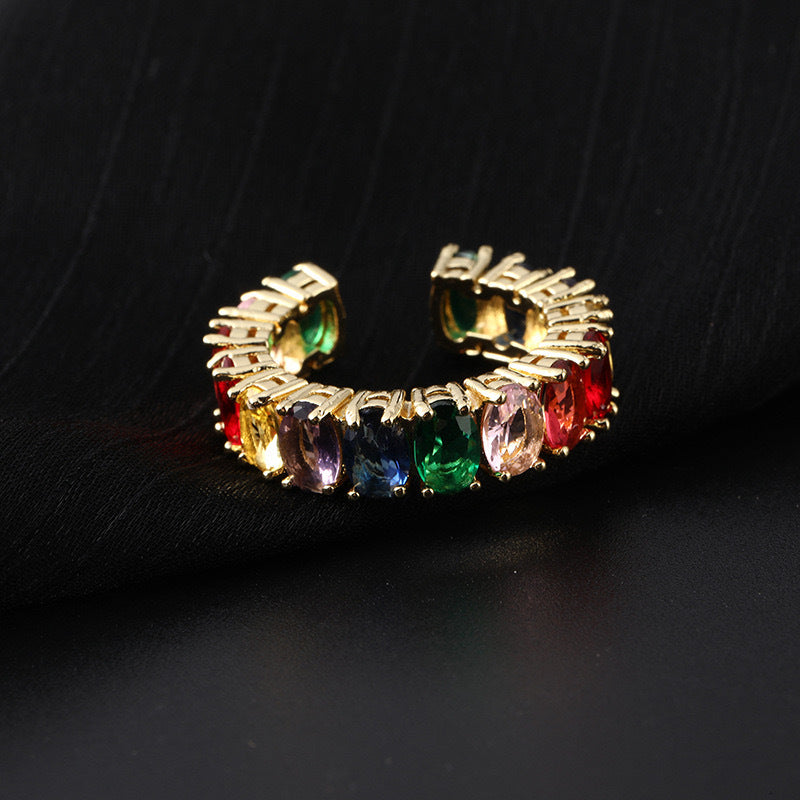 Wholesale Stylish Rainbow Zirconia Open Adjustable Ring Gold Tone Copper Electroplated For Unisex Fashion Jewelry Accessory