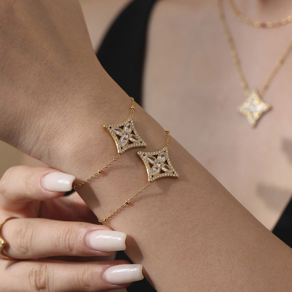 Wholesale Stainless steel  Zircon Rhombus Flower Full Diamond Necklace Bracelet Ring Set