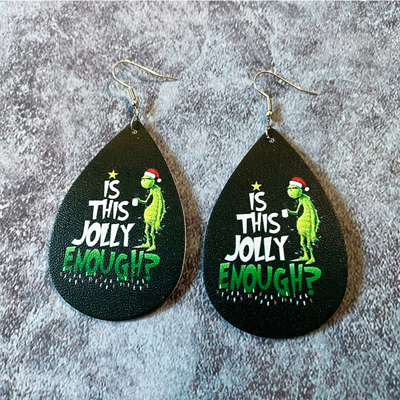 Wholesale  Christmas Earrings Santa Elk Green Printing Leather Earrings